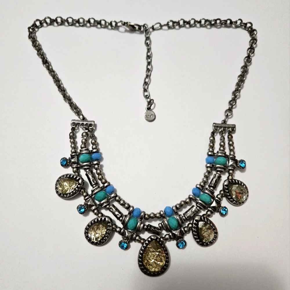 Ruby Rd Chunky Funky Rhinestone Statement Necklace Blue Teal Estate